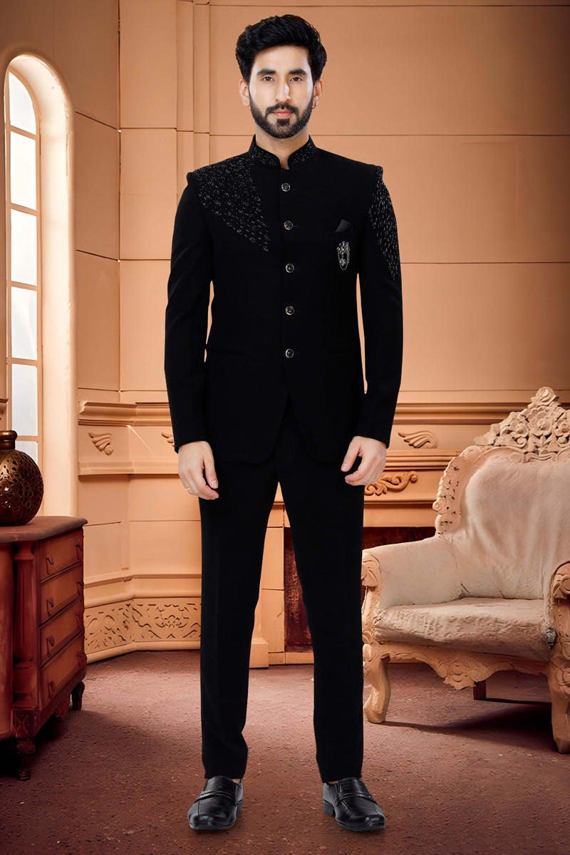 Appealing Black Rayon Readymade Jodhpuri Suit