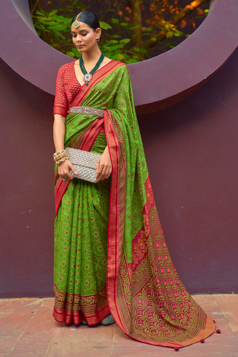 Brasso Fabric Brilliant Festive Style Saree In Green Color