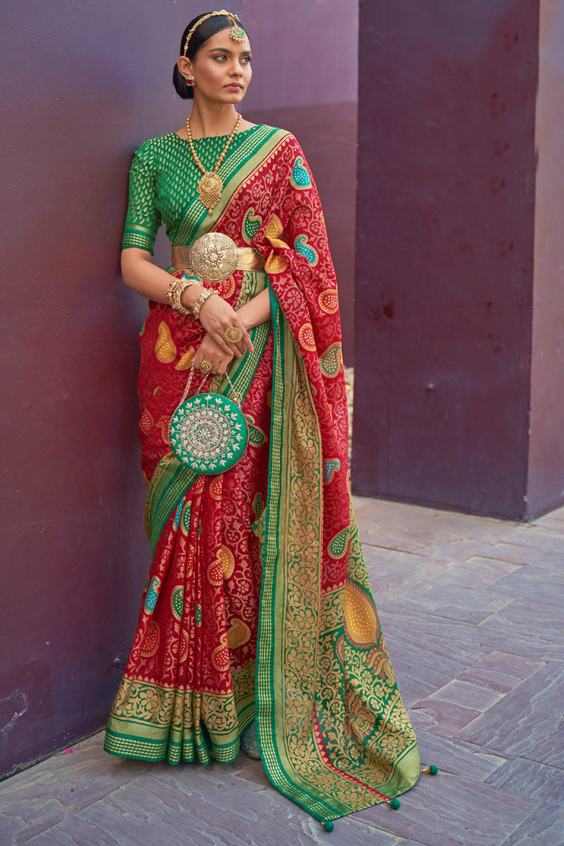 Blazing Red Color Brasso Fabric Festive Style Saree