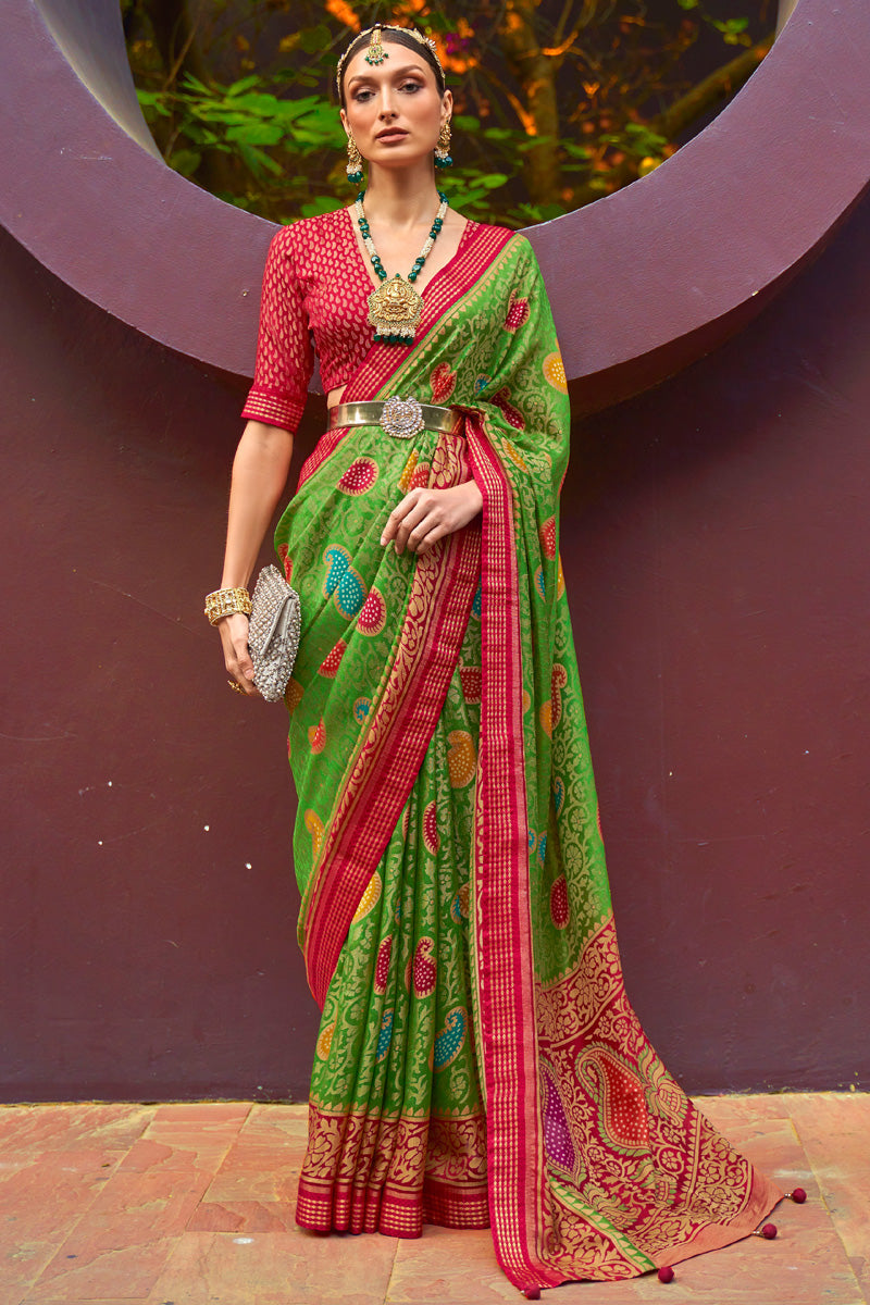 Green Color Brasso Fabric Fantastic Festive Style Saree