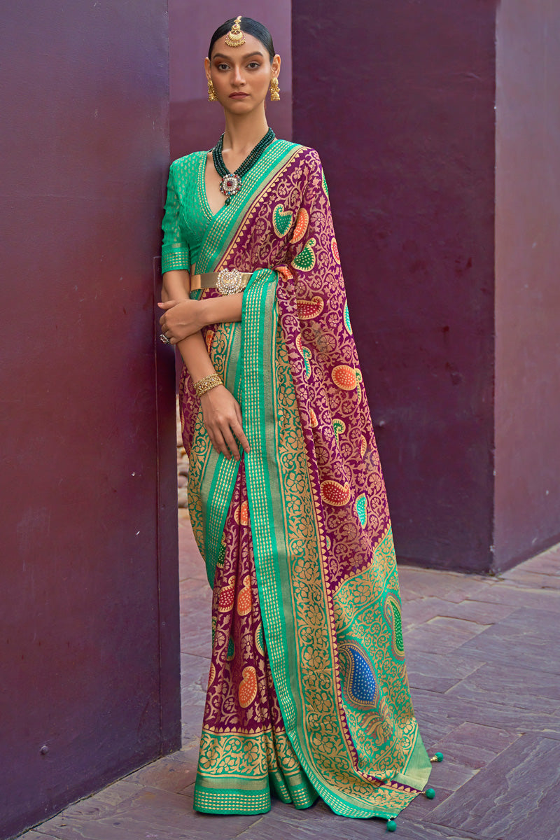 Brasso Fabric Purple Color Amazing Festive Style Saree