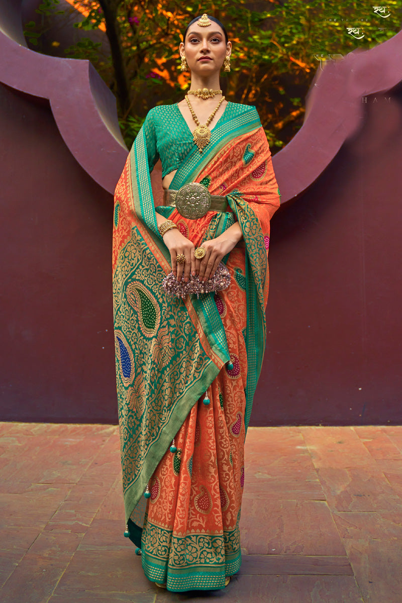 Brasso Fabric Orange Color Splendid Festive Style Saree