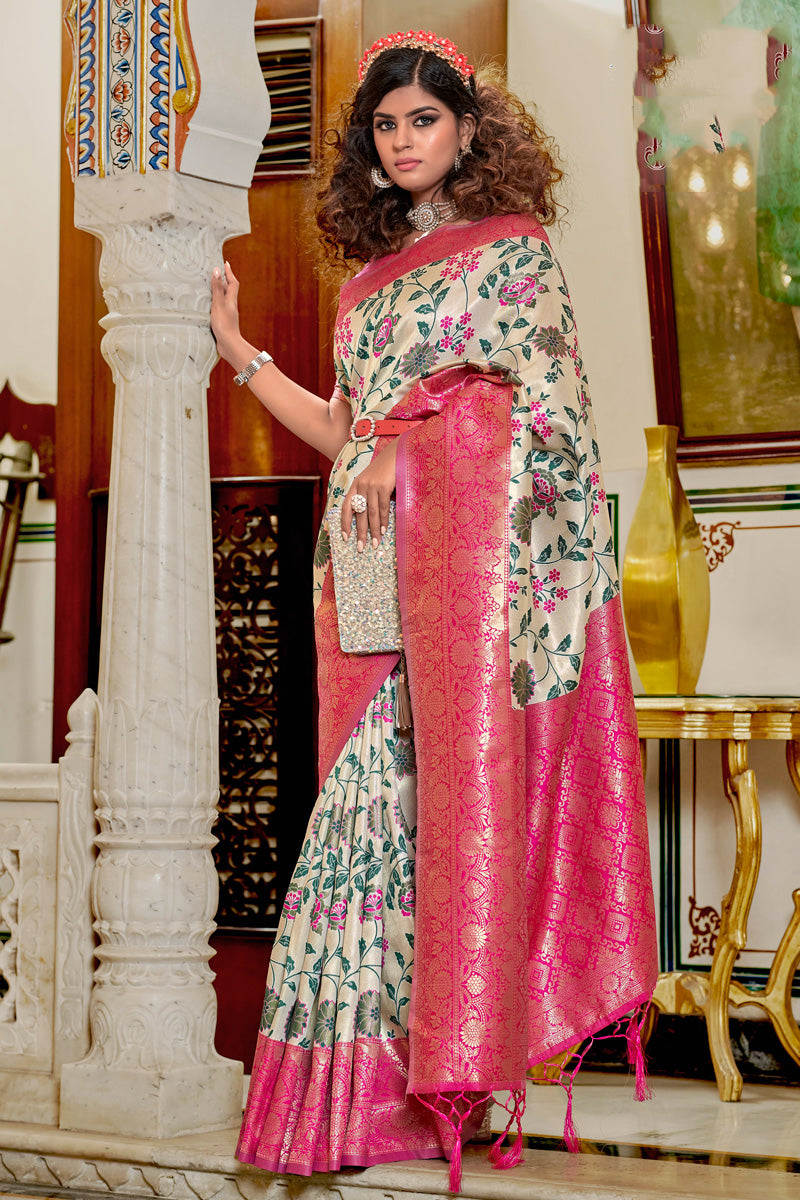 Off White Color Attractive Banarasi Silk Saree With Jacquard Work