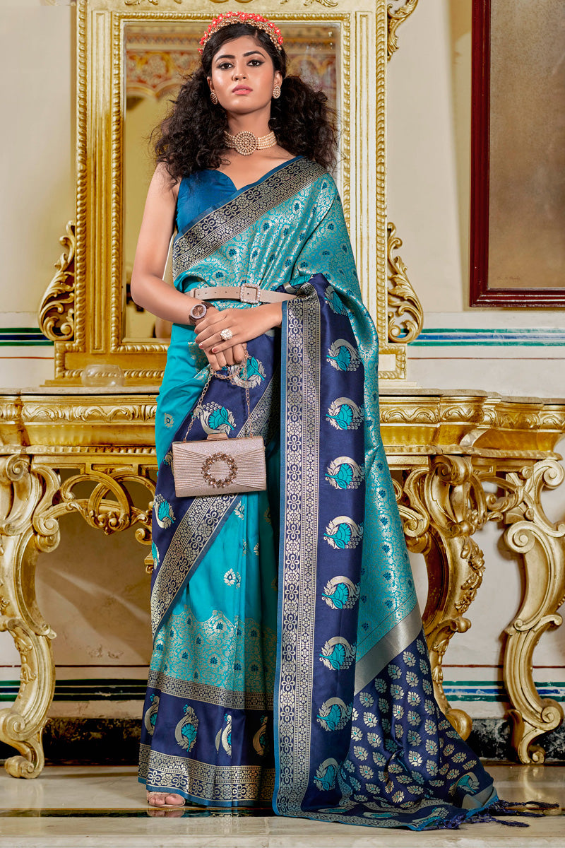 Cyan Color Jacquard Work On Banarasi Silk Stylish Saree