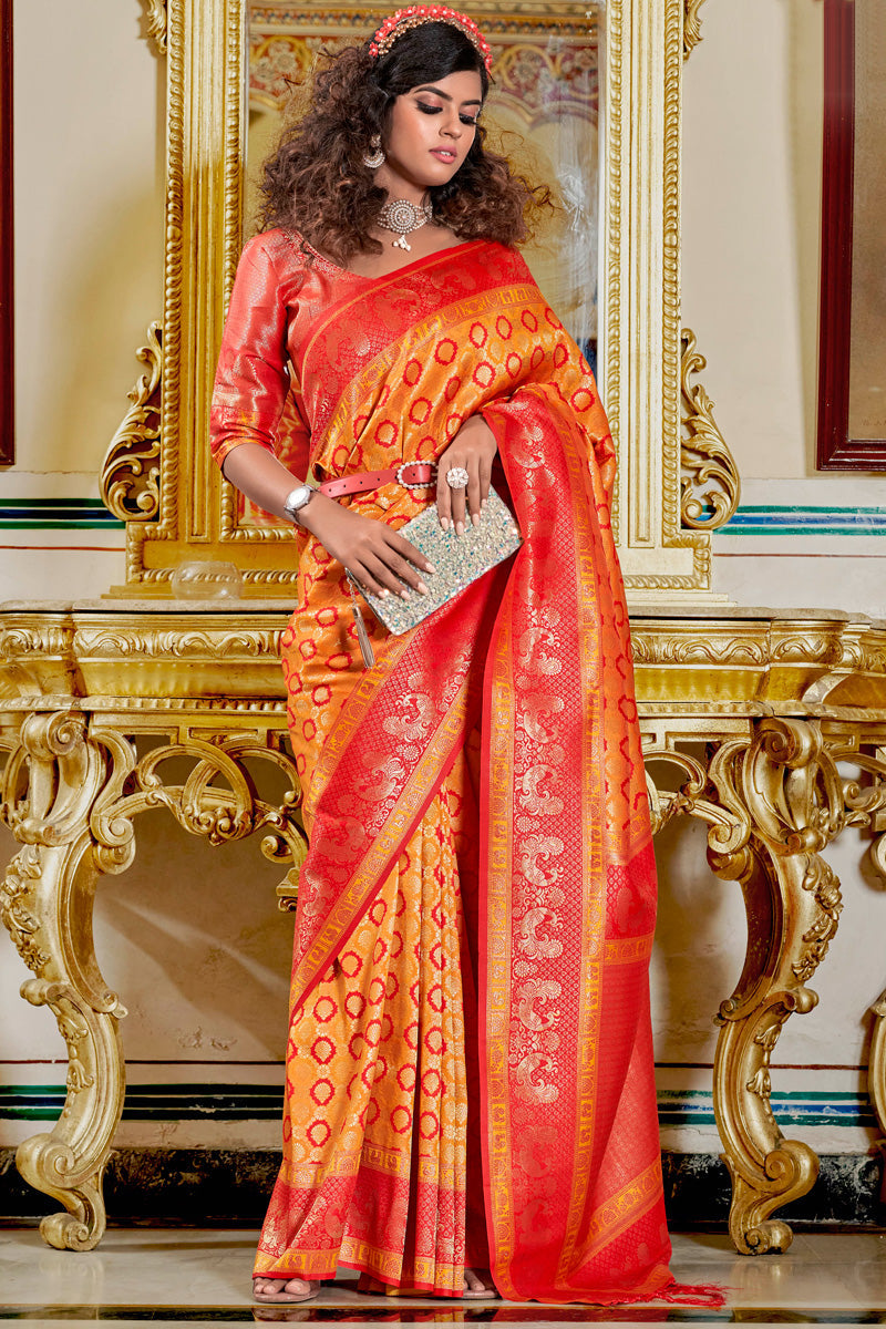 Jacquard Work On Orange Color Banarasi Silk Elegant Saree
