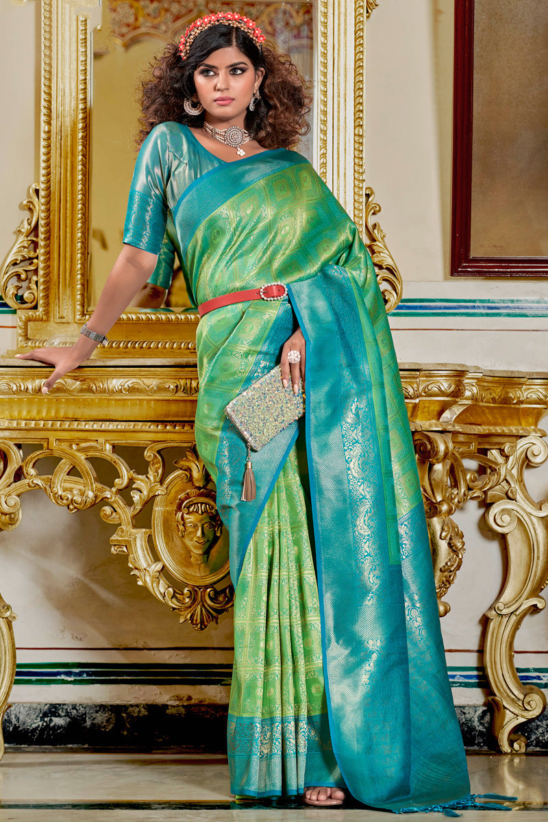 Jacquard Work On Amazing Banarasi Silk Saree In Green Color
