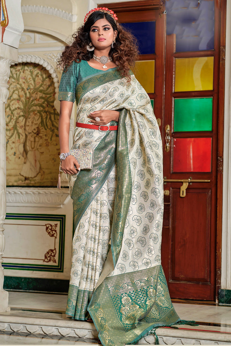 Jacquard Work On Tempting Banarasi Silk Saree In Off White Color