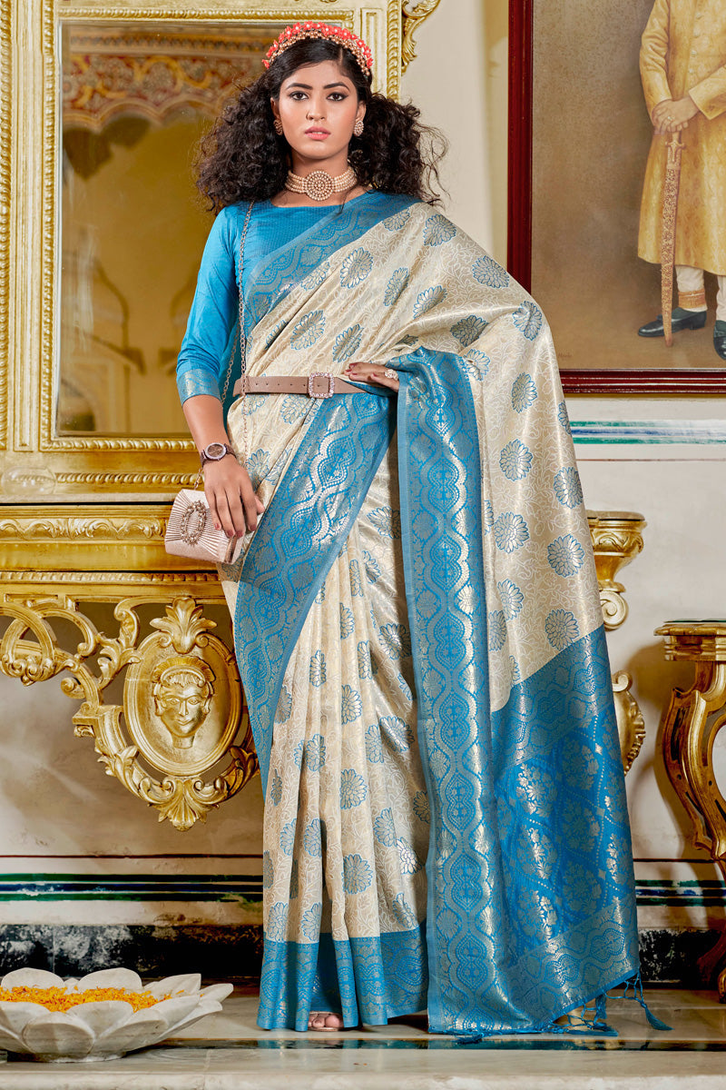 Off White Color Traditional Banarasi Silk Saree With Jacquard Work