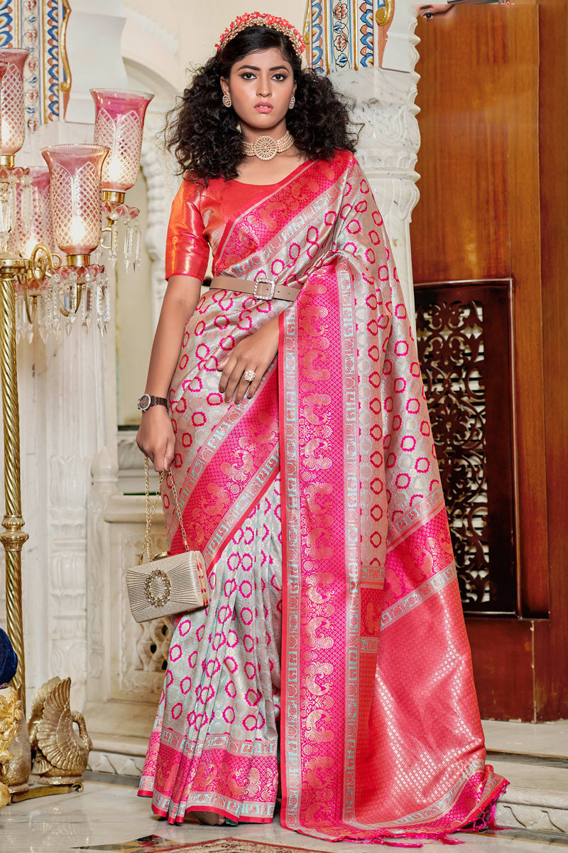 Jacquard Work On Festive Wear Banarasi Silk Saree In Pink Color