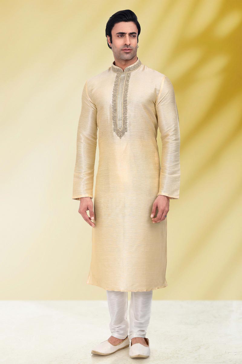 Beige Color Art Silk Fabric Reception Wear Striking Kurta Pyjama For Men