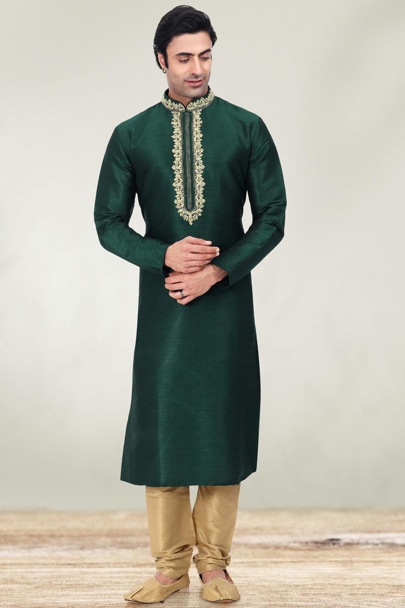 Pretty Art Silk Fabric Sangeet Wear Readymade Men Kurta Pyjama In Teal Color