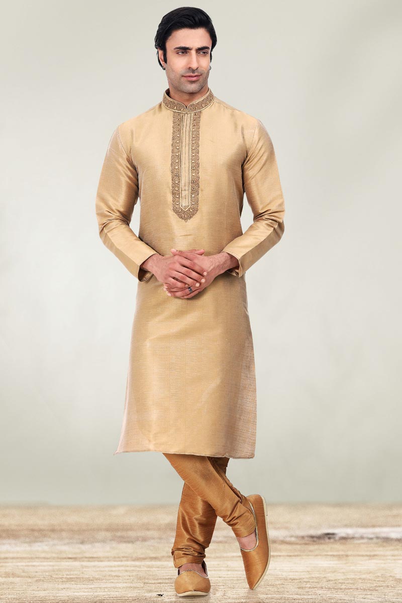 Chikoo Color Reception Wear Readymade Art Silk Fabric Kurta Pyjama For Men