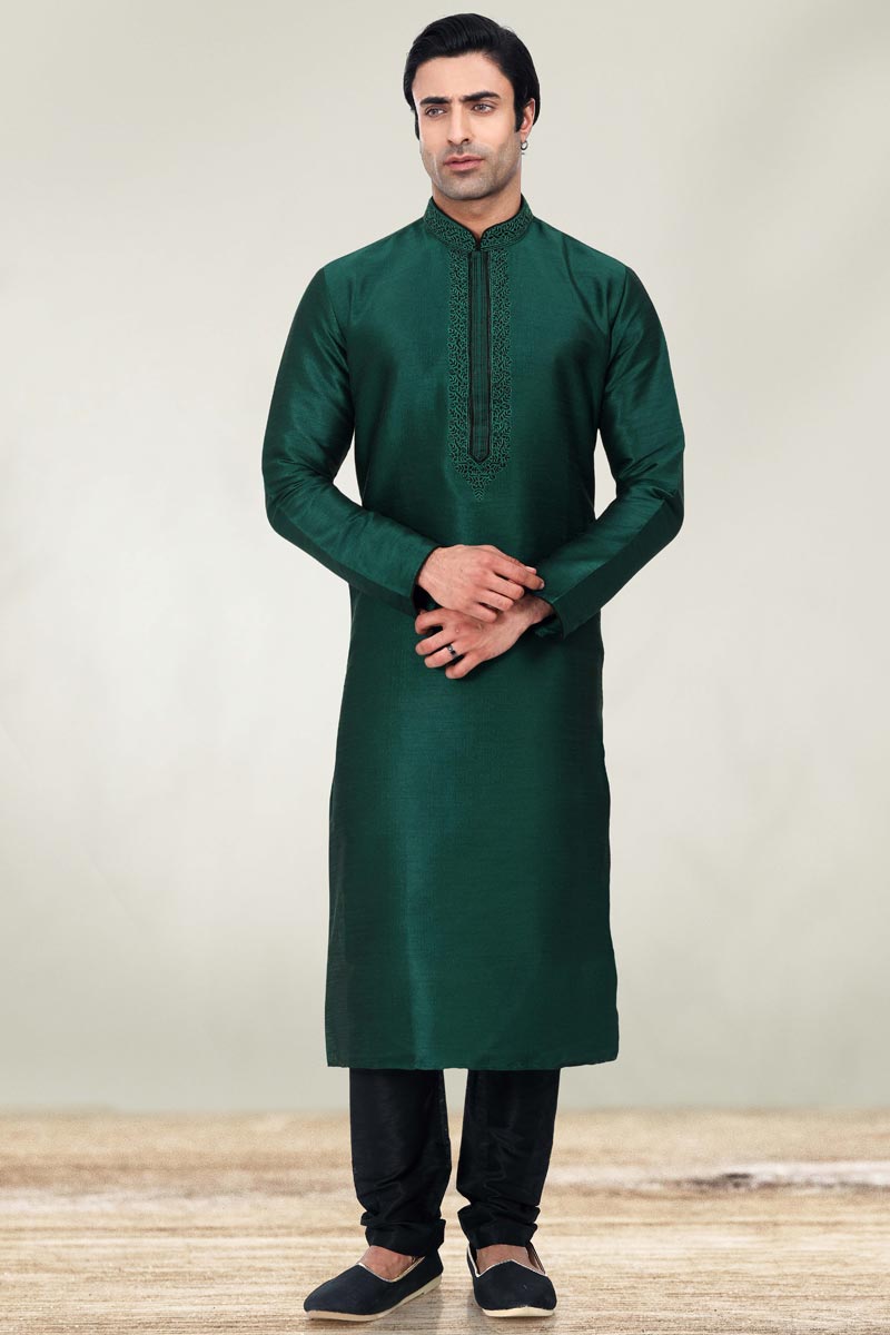 Art Silk Fabric Teal Color Festive Wear Trendy Readymade Men Kurta Pyjama