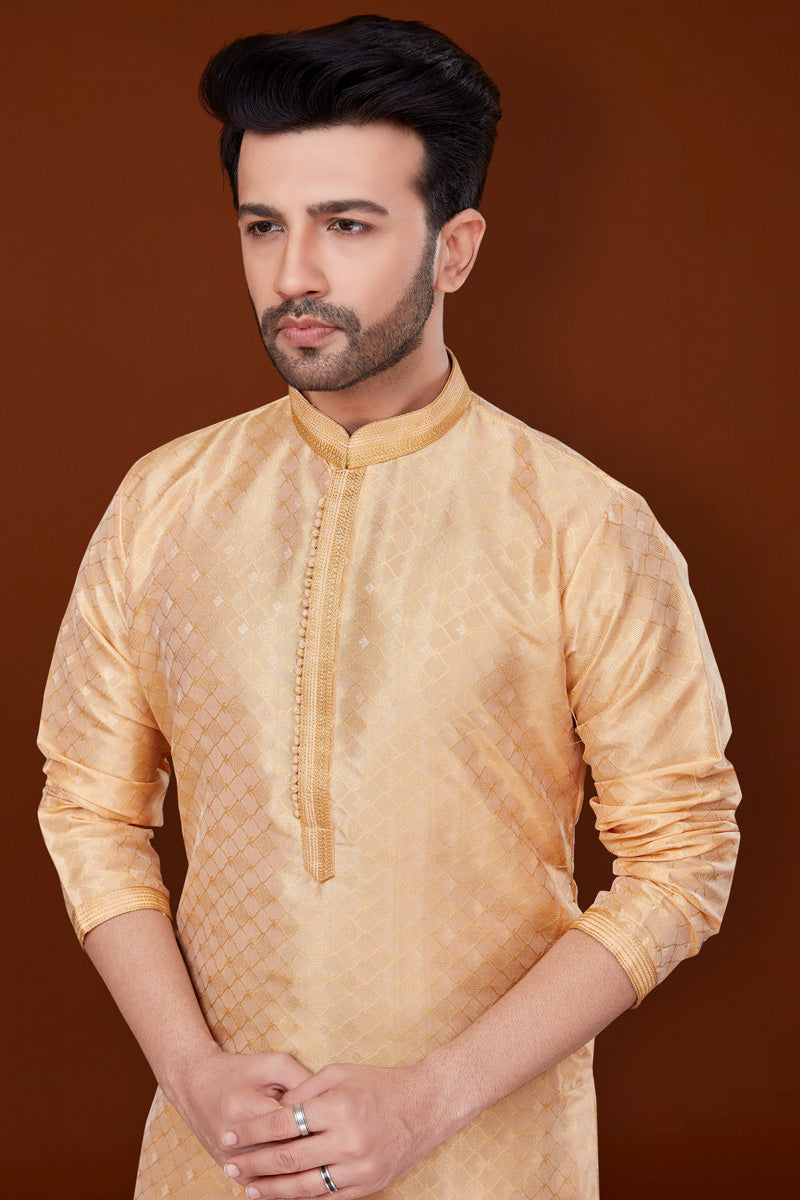 Jacquard Fabric Peach Color Riveting Kurta Pyjama For Men