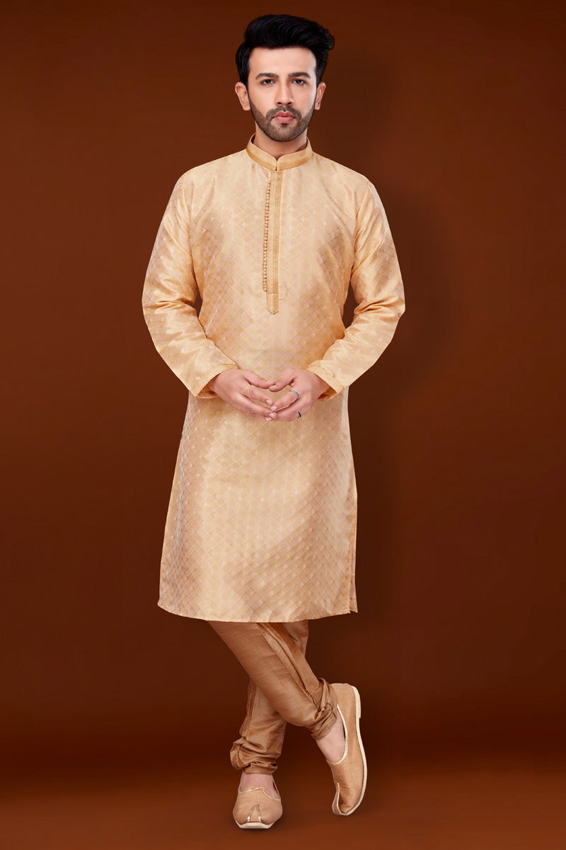 Jacquard Fabric Peach Color Riveting Kurta Pyjama For Men