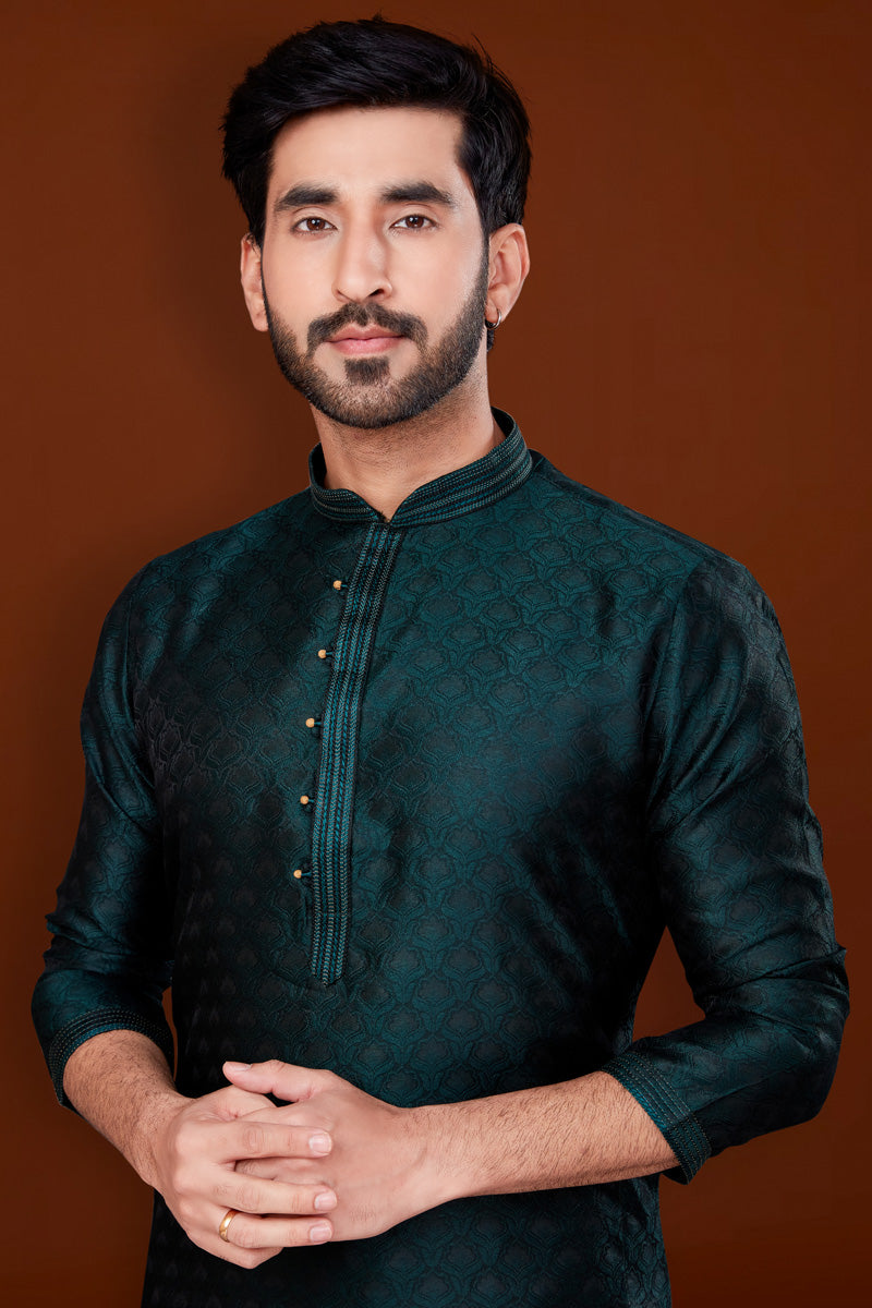 Jacquard Fabric Teal Color Excellent Kurta Pyjama For Men