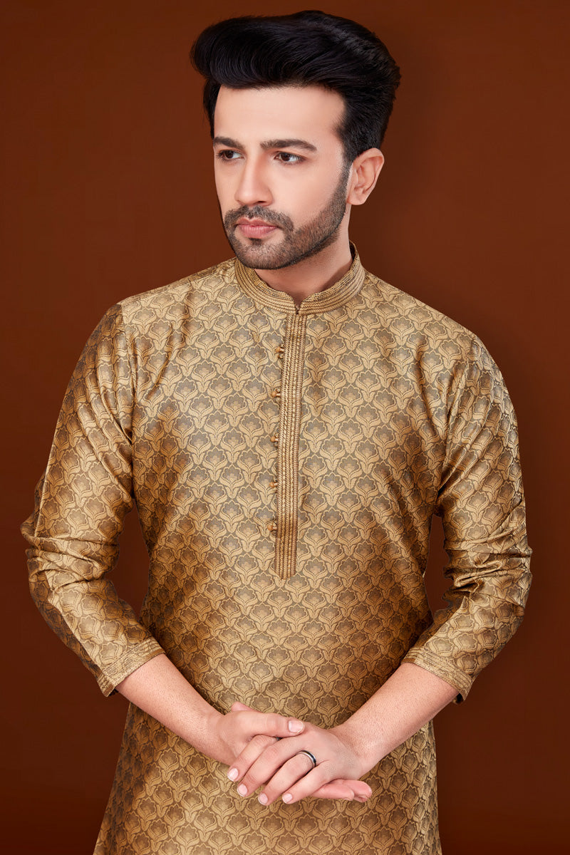 Golden Color Jacquard Fabric Attractive Kurta Pyjama For Men