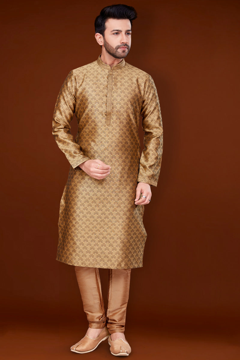 Golden Color Jacquard Fabric Attractive Kurta Pyjama For Men