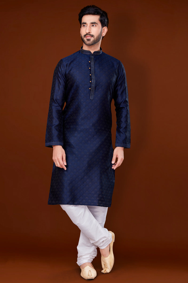 Navy Blue Color Jacquard Fabric Stunning Kurta Pyjama For Men