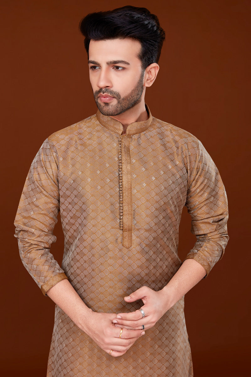 Beguiling Chikoo Color Jacquard Fabric Kurta Pyjama For Men