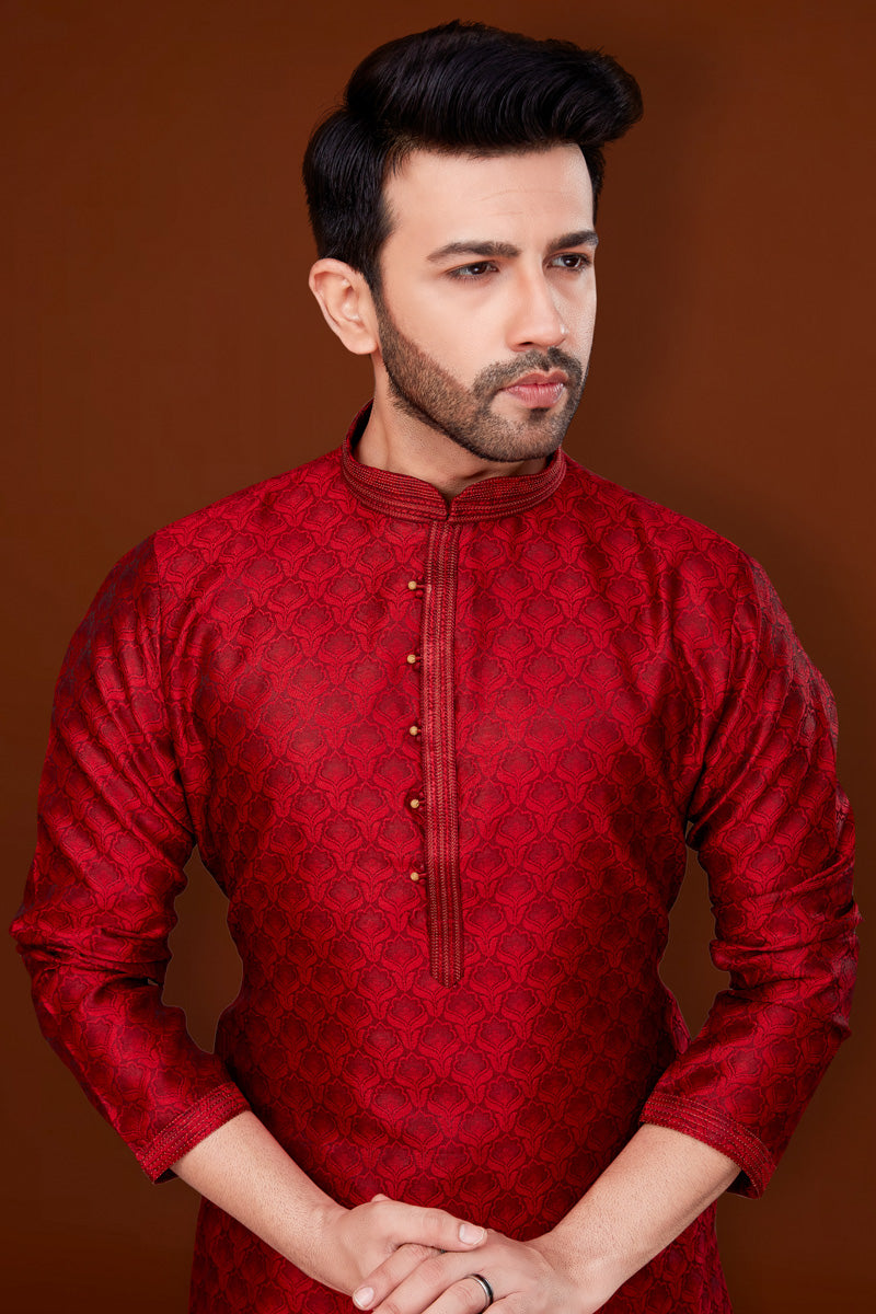 Tempting Jacquard Fabric Red Color Kurta Pyjama For Men