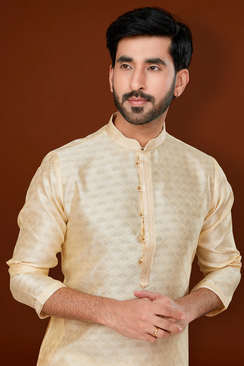 Cream Color Jacquard Fabric Special Kurta Pyjama For Men