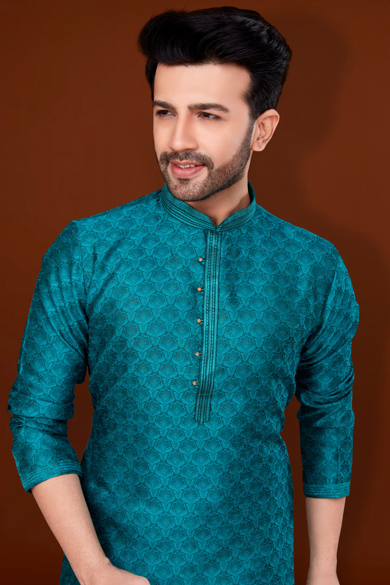 Jacquard Fabric Cyan Color Pleasance Kurta Pyjama For Men