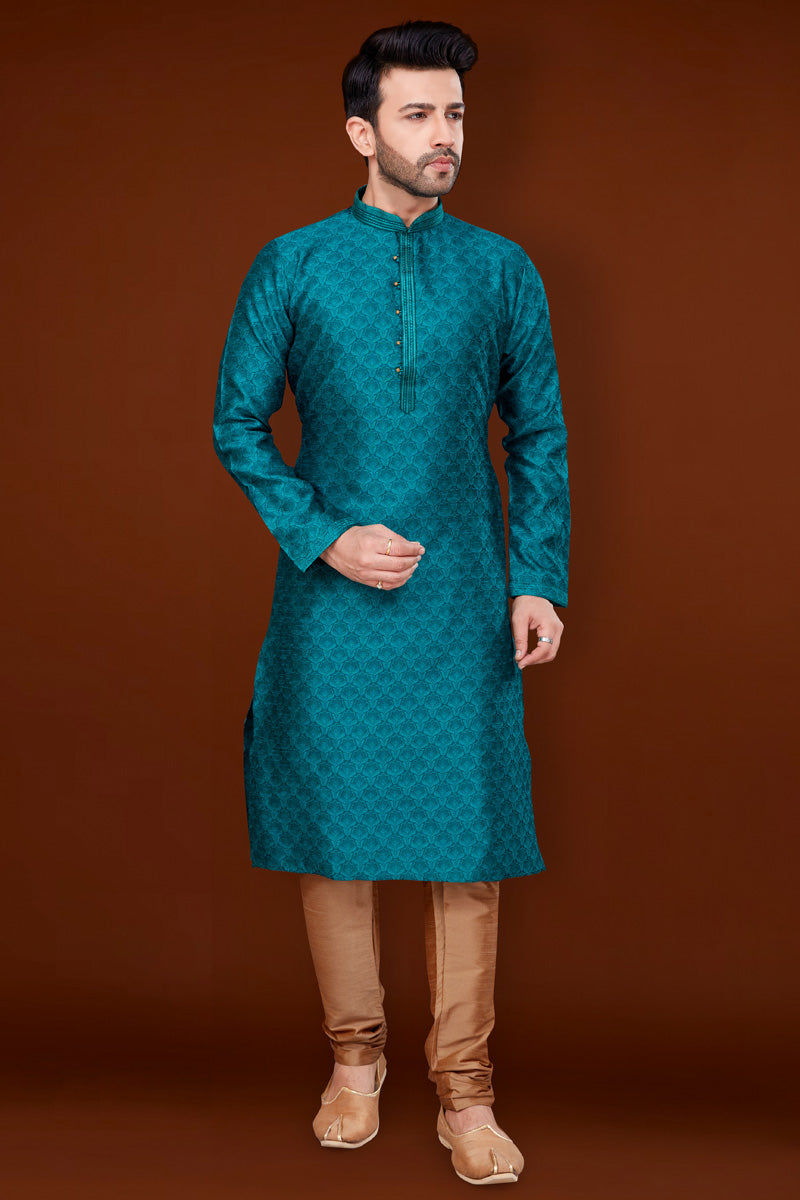 Jacquard Fabric Cyan Color Pleasance Kurta Pyjama For Men