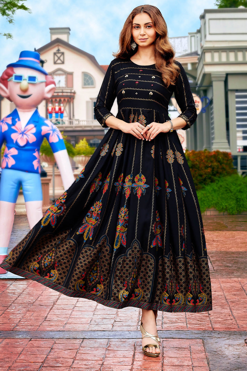 Brilliant Printed Rayon Anarkali Style Kurti In Black Color
