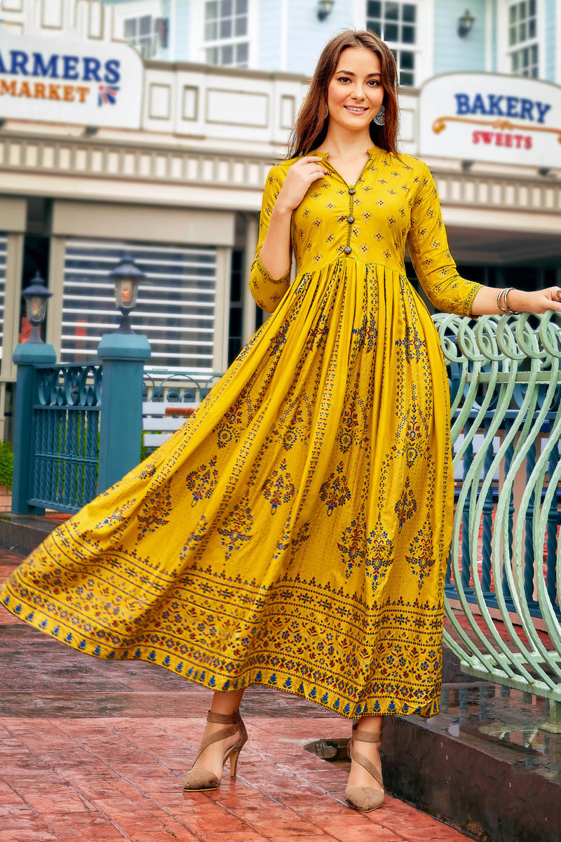 Yellow Soothing Printed Rayon Anarkali Style Kurti