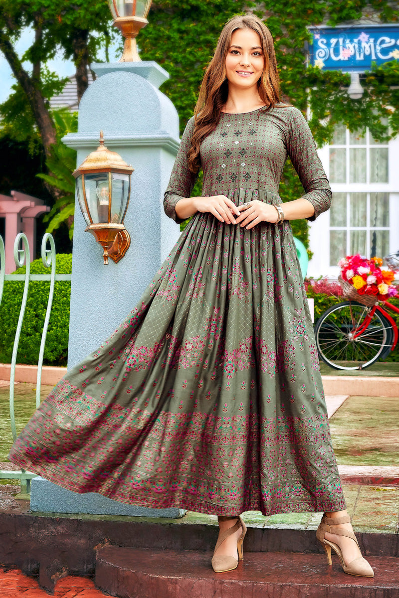 Olive Attractive Printed Rayon Fabric Anarkali Style Kurti