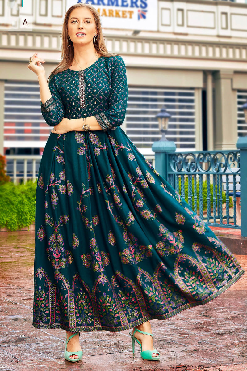 Wonderful Printed Rayon Anarkali Style Kurti In Teal Color