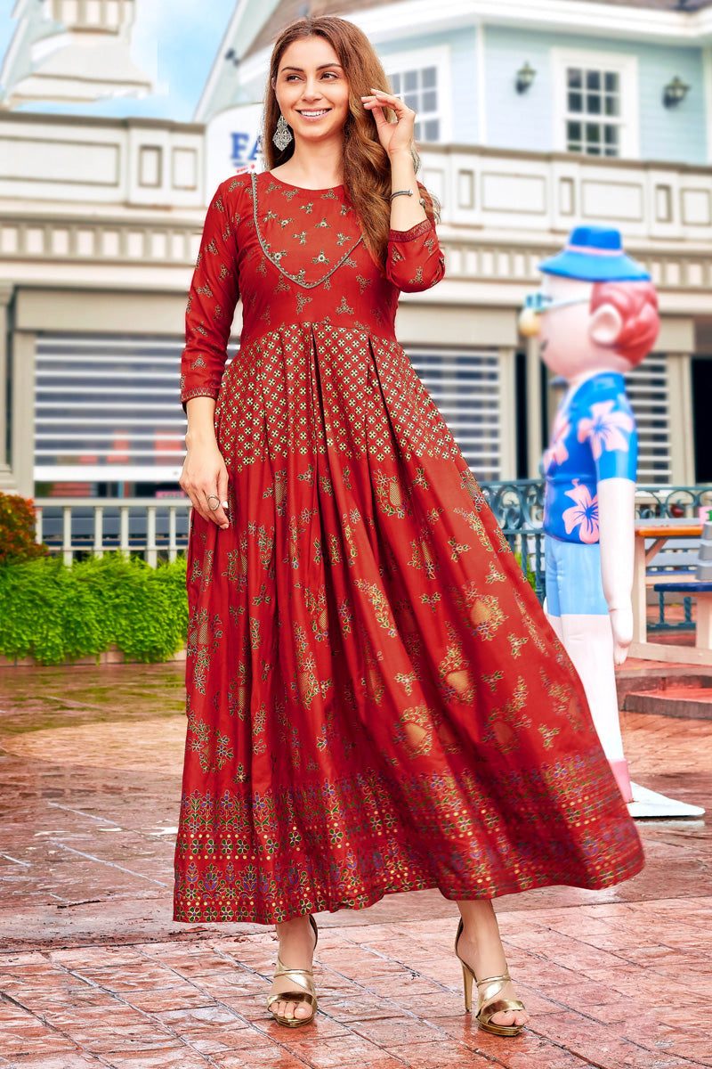Red Fantastic Printed Rayon Anarkali Style Kurti