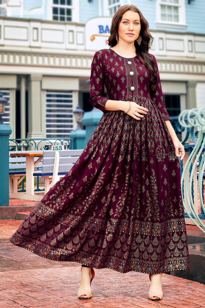 Burgundy Awesome Printed Rayon Anarkali Style Kurti