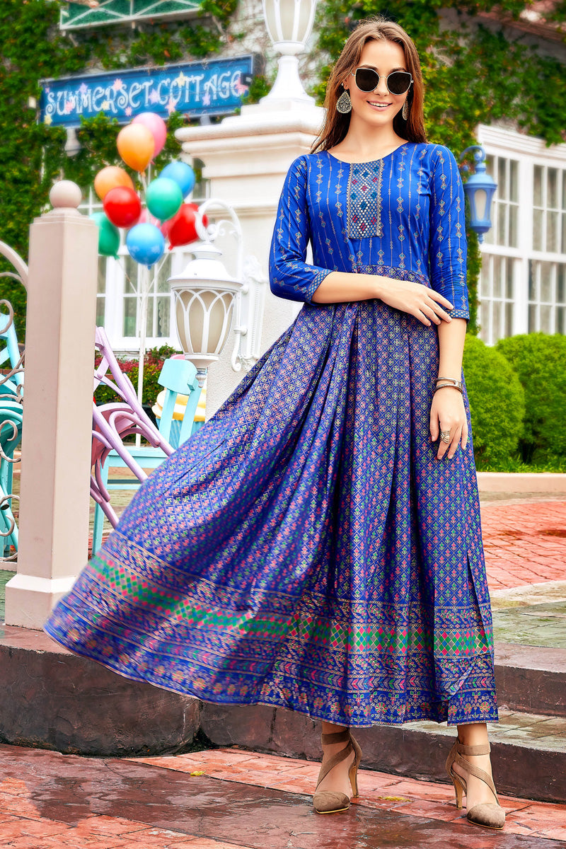Stunning Printed Rayon Anarkali Style Kurti In Blue Color