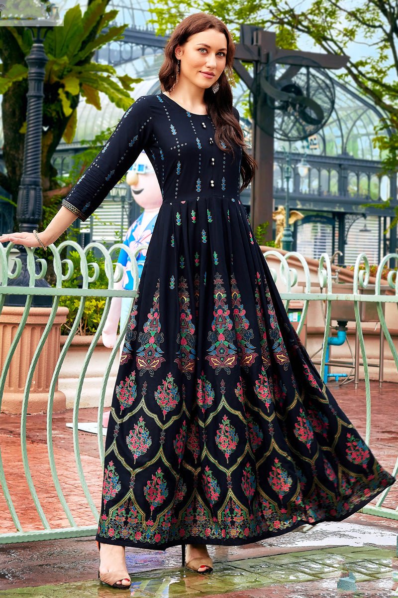 Navy Blue Ingenious Printed Rayon Anarkali Style Kurti