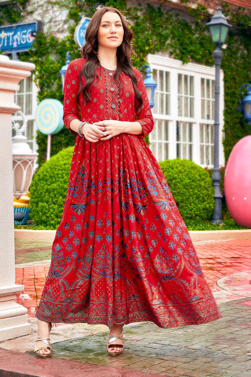 Red Lovely Printed Rayon Anarkali Style Kurti