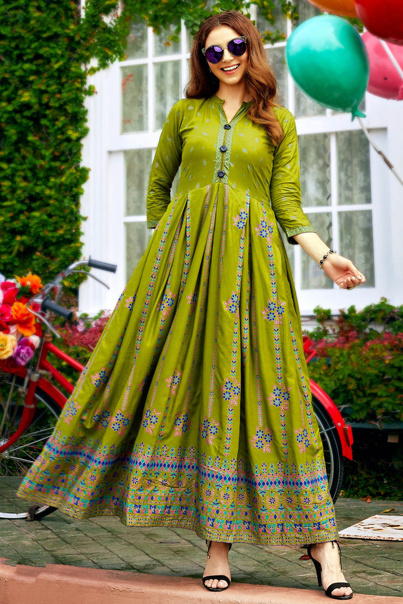 Green Delicate Printed Rayon Anarkali Style Kurti