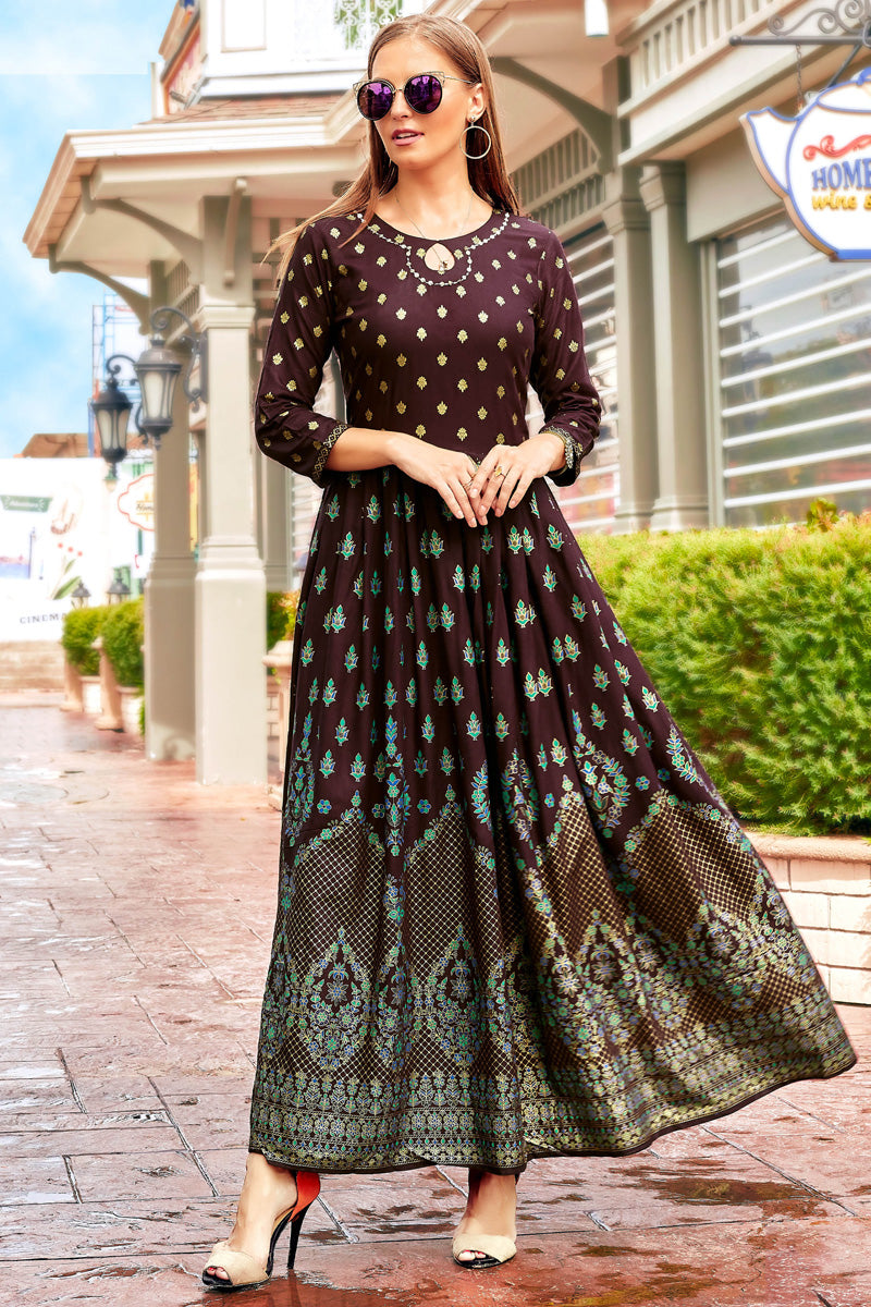 Brown Chic Printed Rayon Anarkali Style Kurti