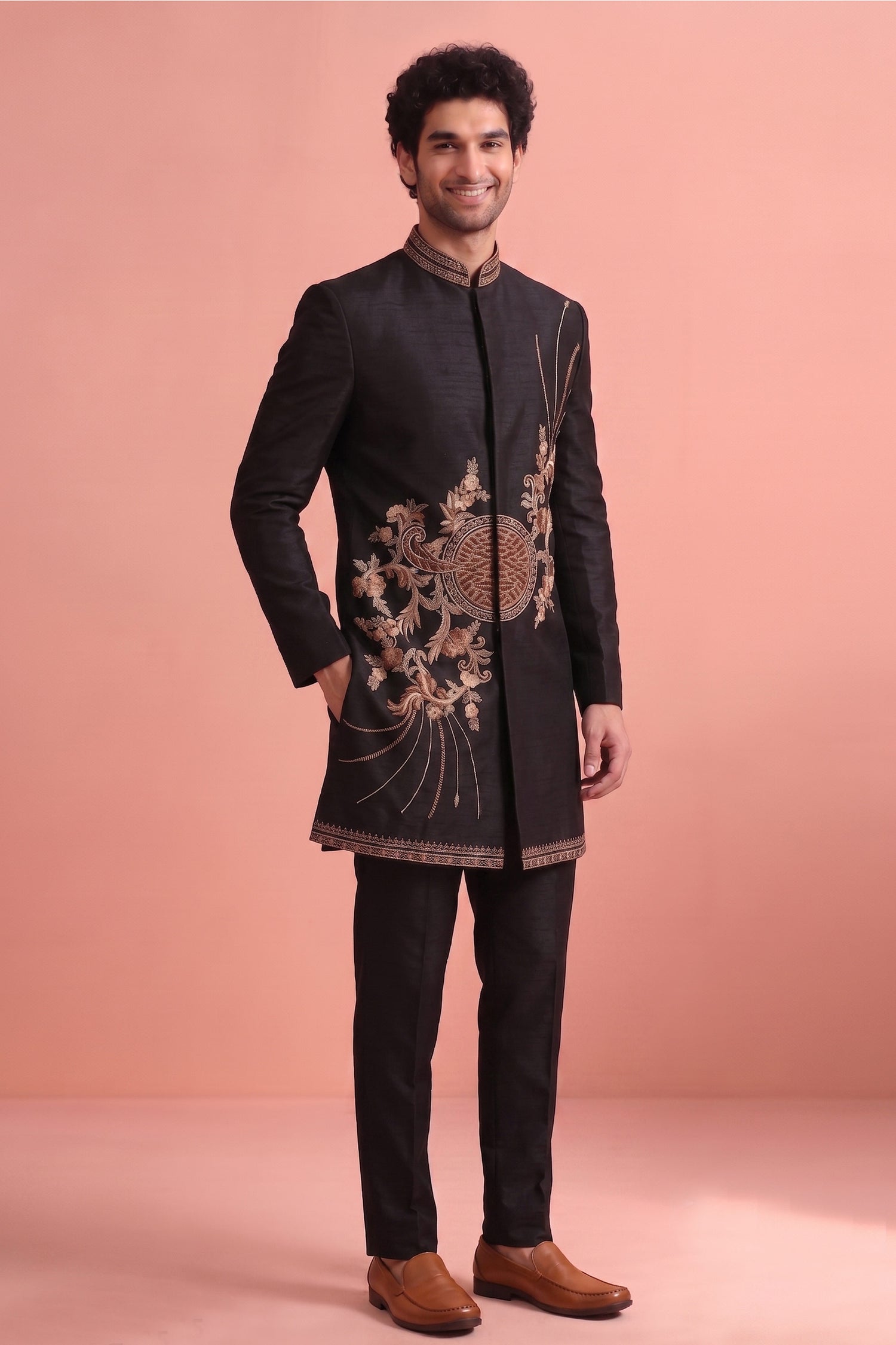 Wedding Wear Black Trendy Readymade Indo Western Suit For Men
