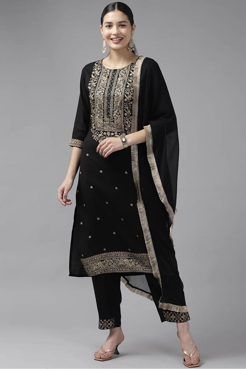 Rayon Black Pleasance Top Bottom Dupatta