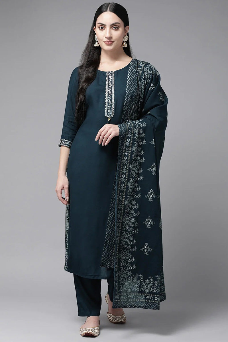 Rayon Bewitching Top Bottom Dupatta In Teal Color