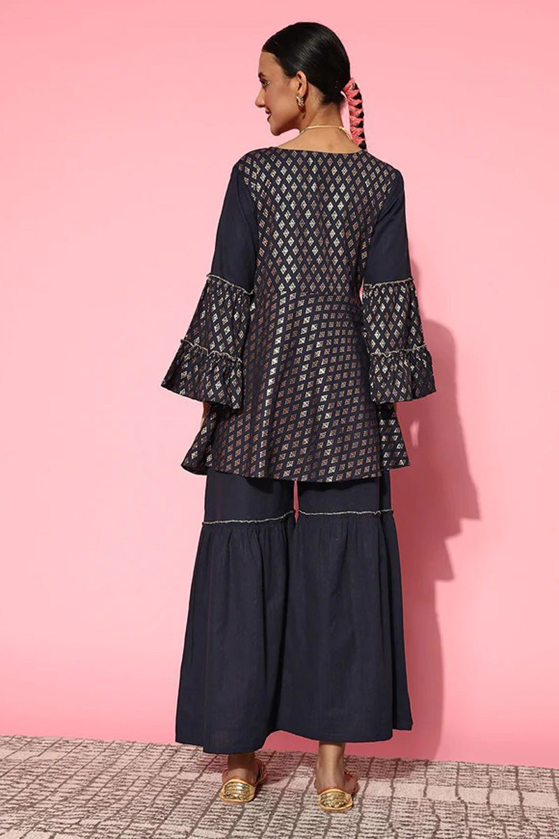 Navy Blue Cotton Princely Top Bottom Set