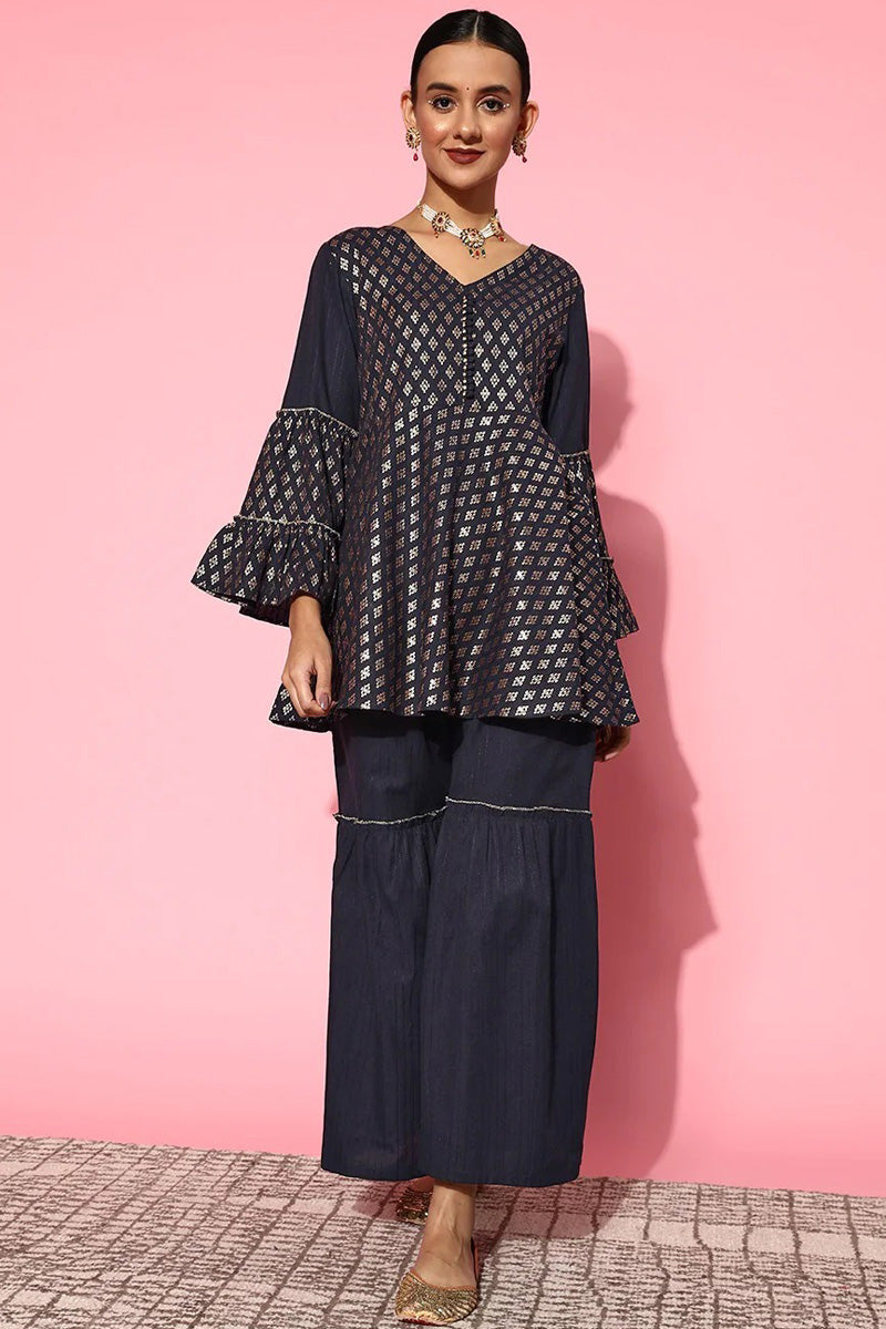 Navy Blue Cotton Princely Top Bottom Set