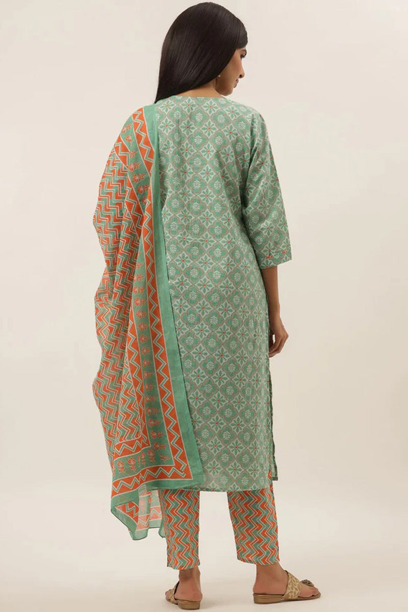 Cotton Sea Green Patterned Top Bottom Dupatta