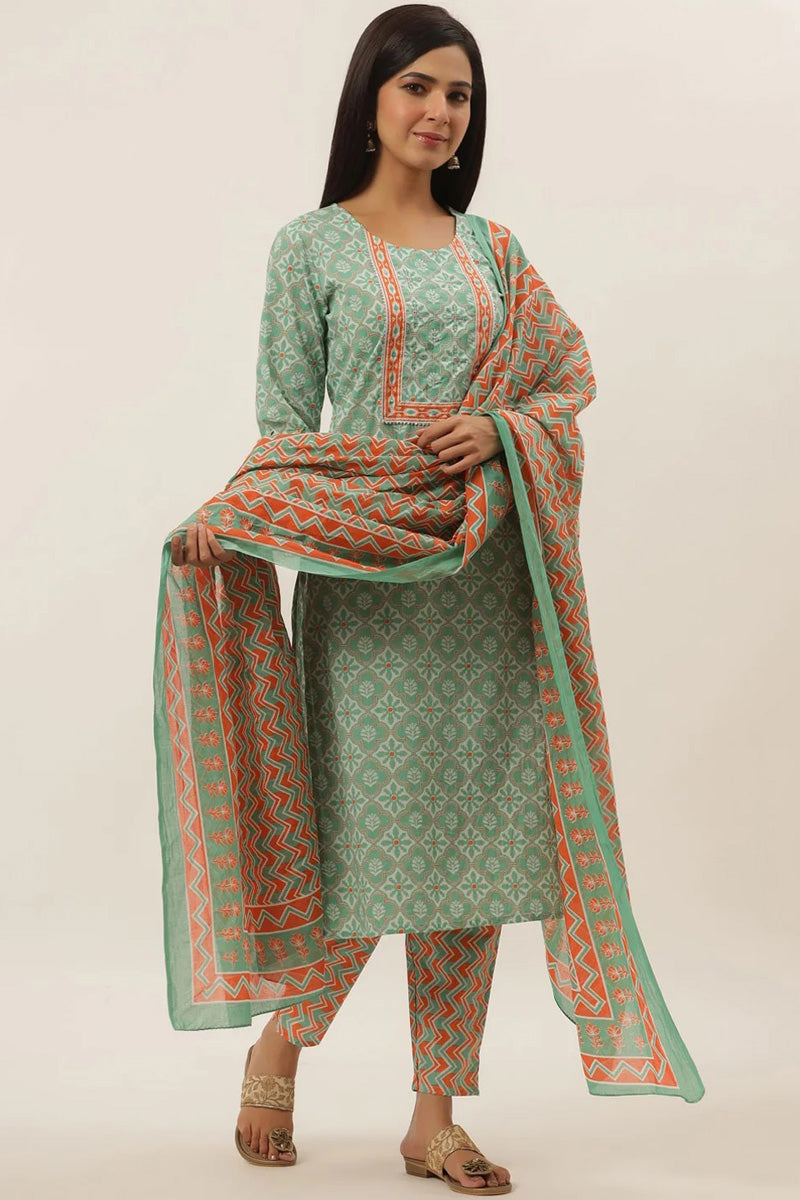 Cotton Sea Green Patterned Top Bottom Dupatta