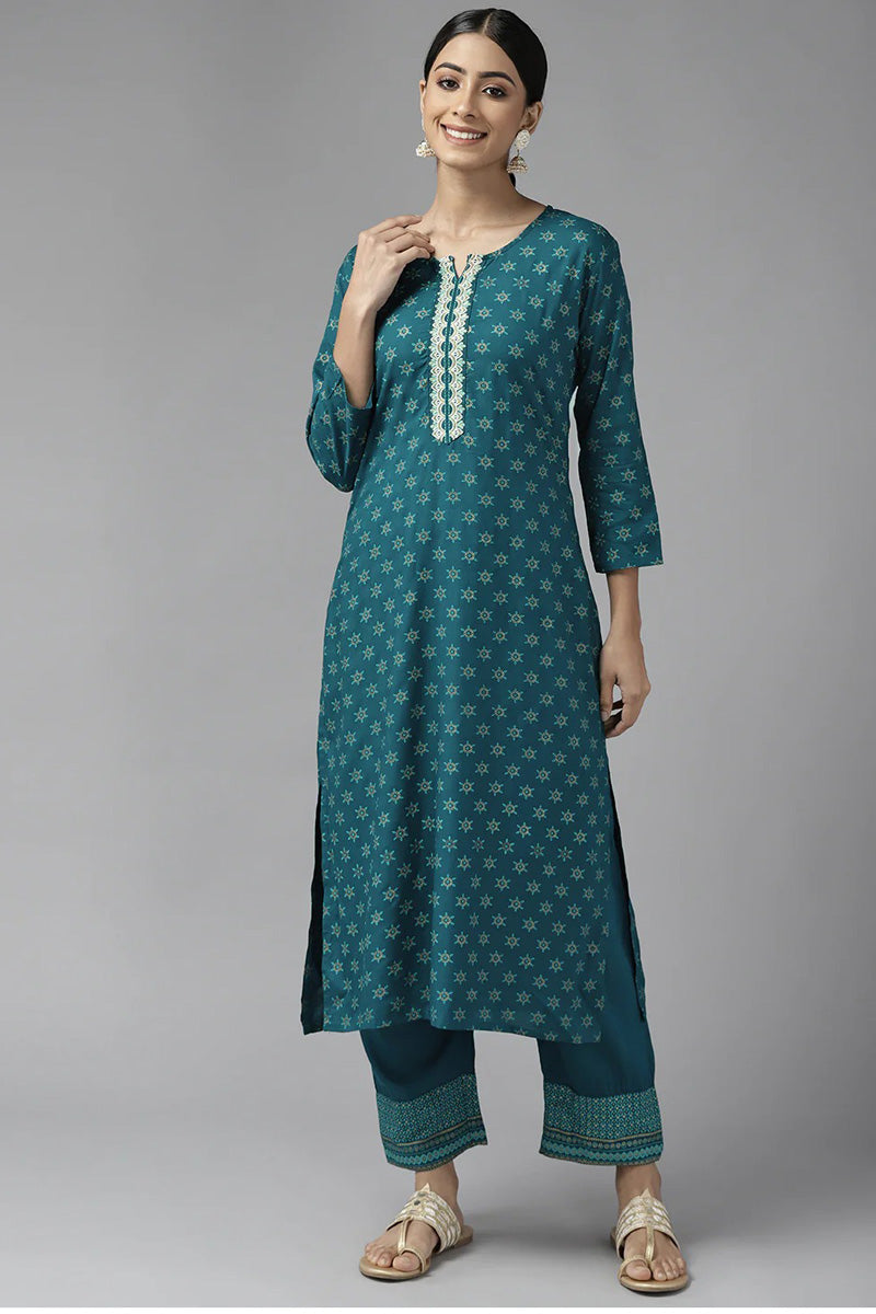 Creative Teal Rayon Top Bottom Set