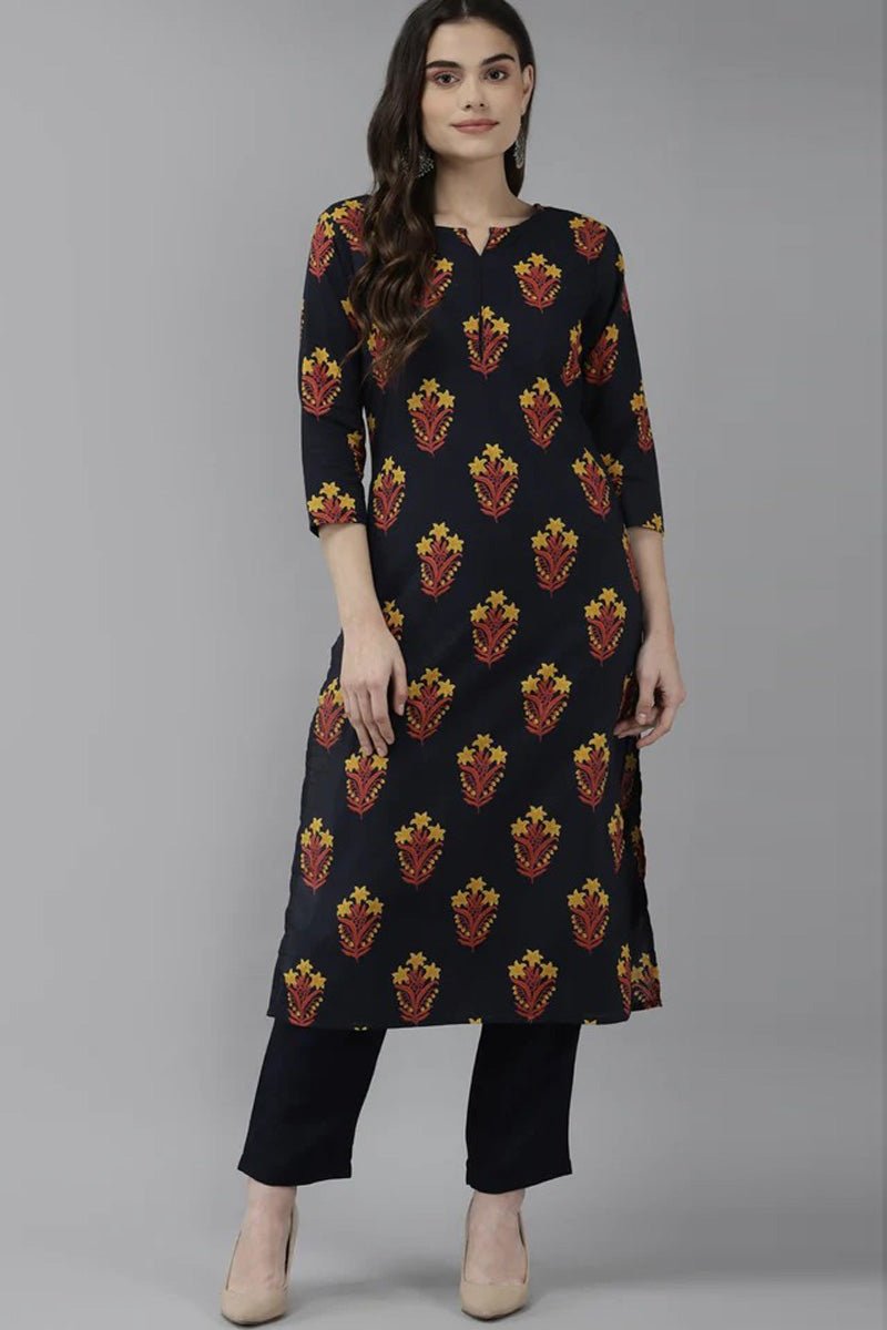 Excellent Cotton Navy Blue Top Bottom Set
