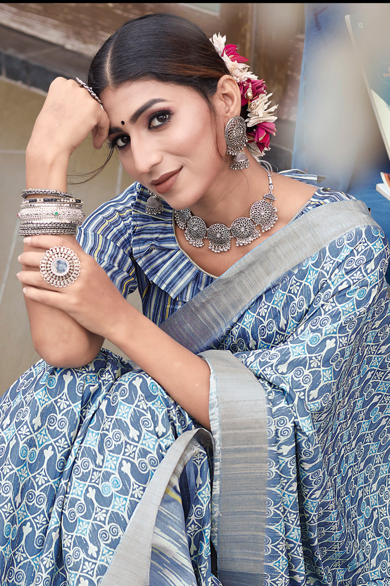 Blue Color Banarasi Art Silk Saree With Fascinating Weaving Work