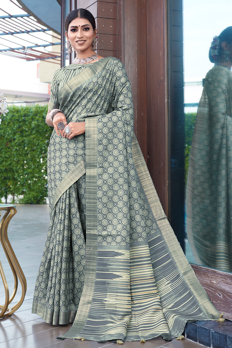 Grey Color Banarasi Art Silk Saree With Excellent Weaving Work